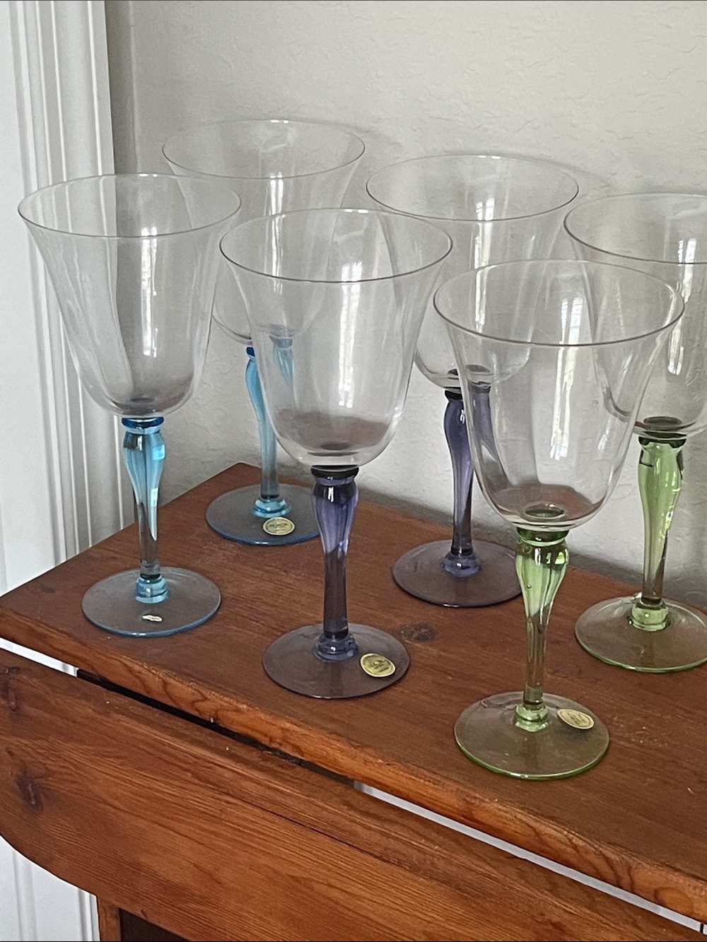 Block Melody NWT VTG Set of 6 Colored Handblown– Blue, Purple & Green Stems